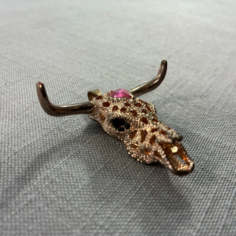 Western Longhorn Steer Skull Pendant Pink Rhinestone Gold Tone 2 Inch Boho